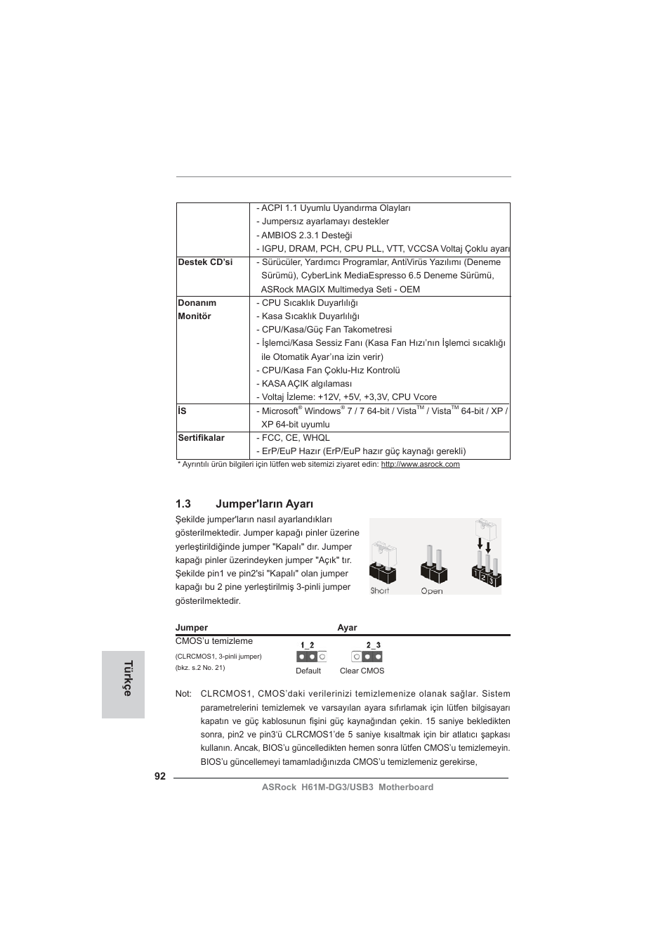 3 jumper'ların ayarı, Türkçe | ASRock H61M-DG3__USB3 User Manual | Page 92 / 138