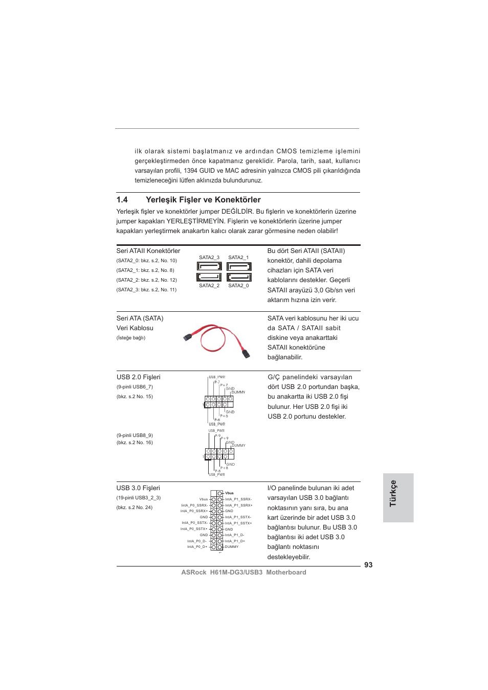 Türkçe 1.4 yerleşik fişler ve konektörler | ASRock H61M-DG3__USB3 User Manual | Page 93 / 138