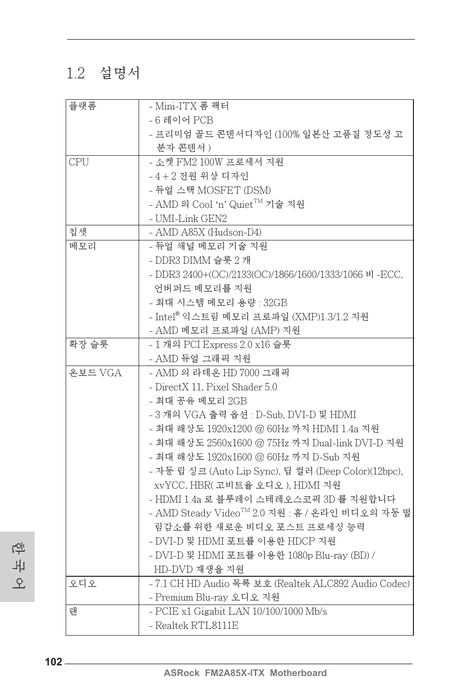 한 국 어 1.2 설명서 | ASRock FM2A85X-ITX User Manual | Page 102 / 154