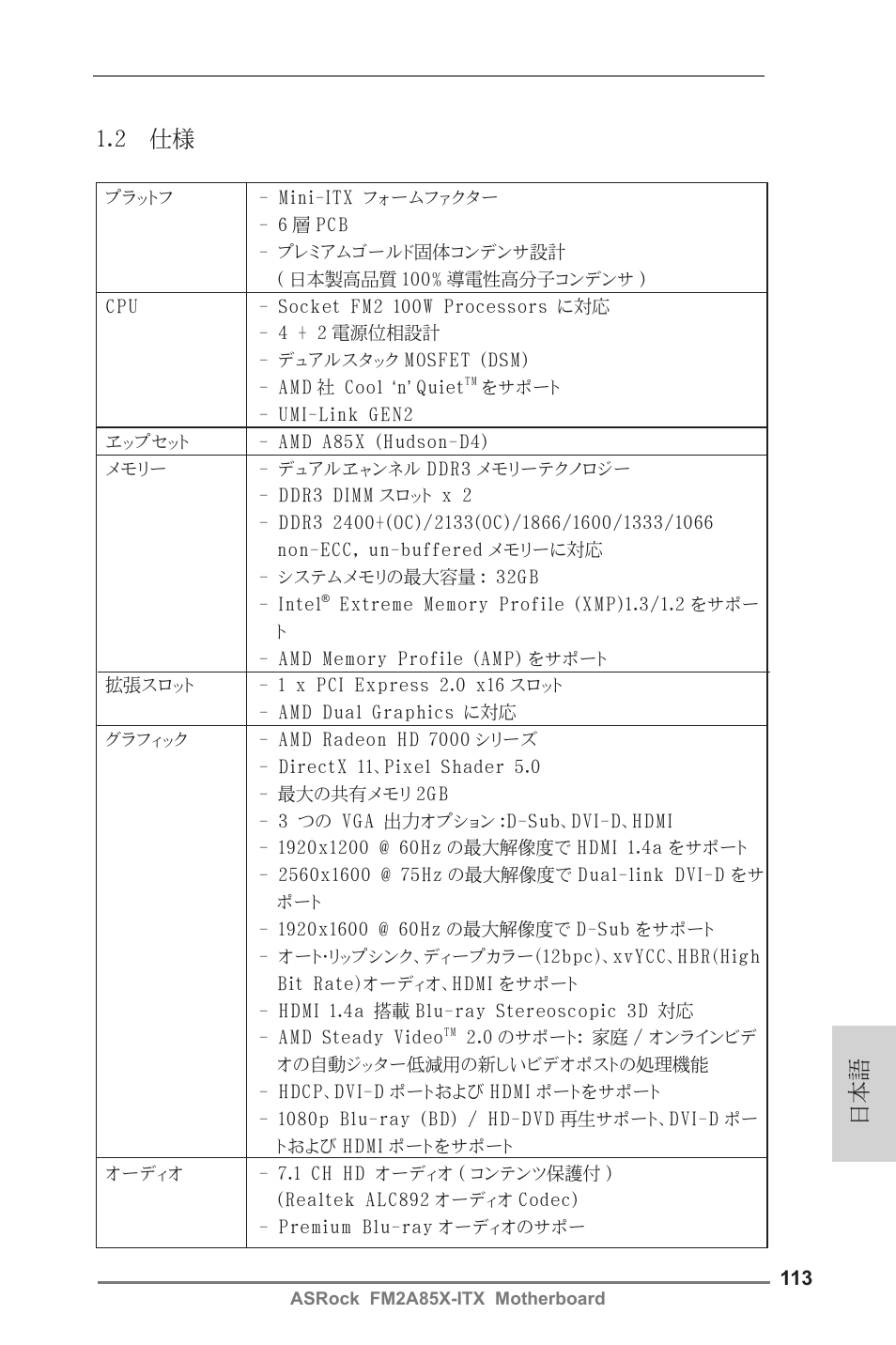日本語 1.2 仕様 | ASRock FM2A85X-ITX User Manual | Page 113 / 154