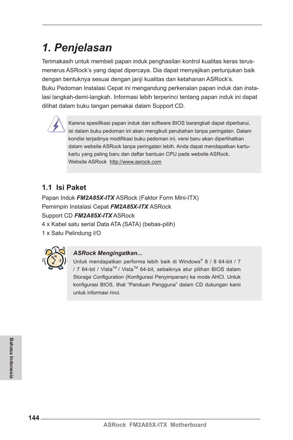Indonesian, Penjelasan, 1 isi paket | ASRock FM2A85X-ITX User Manual | Page 144 / 154