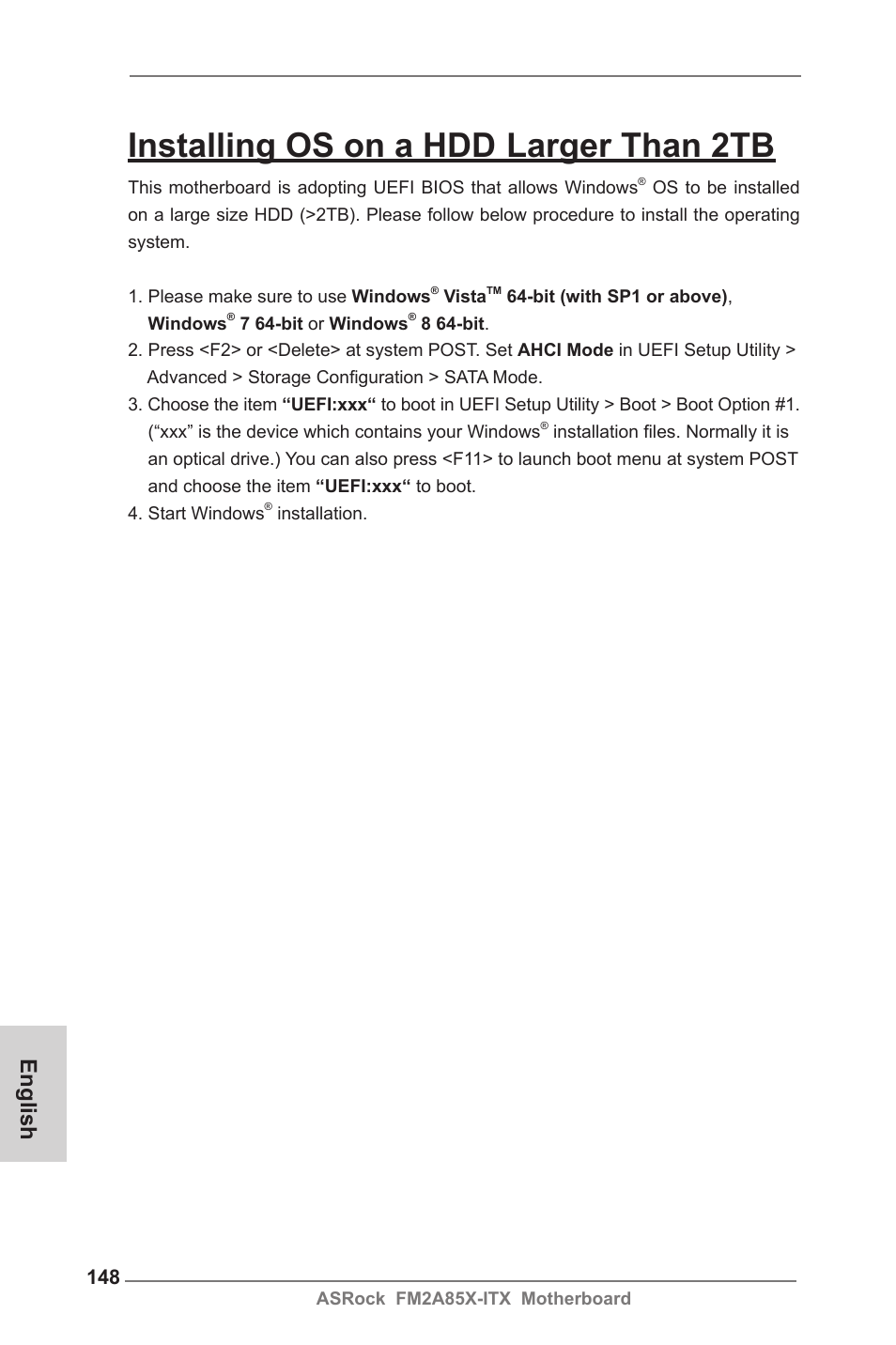 Installing os on a hdd larger than 2tb, English | ASRock FM2A85X-ITX User Manual | Page 148 / 154