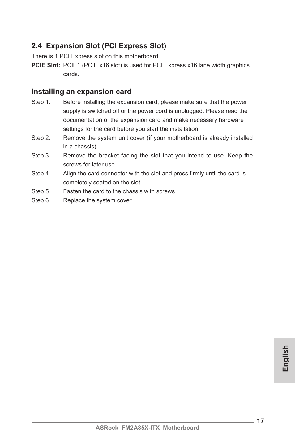 English 2.4 expansion slot (pci express slot), Installing an expansion card | ASRock FM2A85X-ITX User Manual | Page 17 / 154