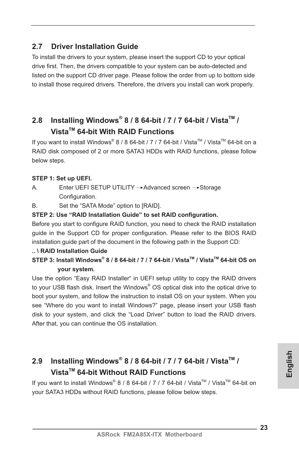 English 2.7 driver installation guide, 9 installing windows, Vista | Bit without raid functions, 8 installing windows, Bit with raid functions | ASRock FM2A85X-ITX User Manual | Page 23 / 154