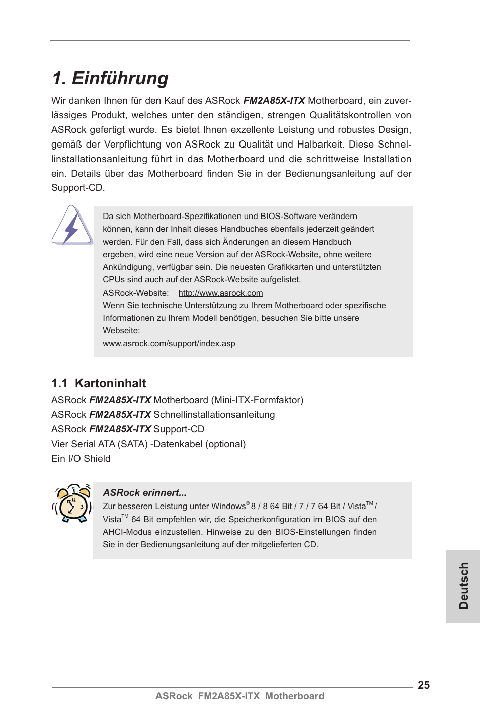 German, Einführung, Deutsch | 1 kartoninhalt | ASRock FM2A85X-ITX User Manual | Page 25 / 154