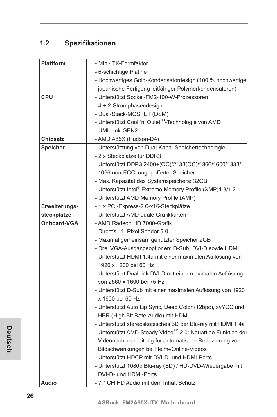 Deutsch 1.2 spezifikationen | ASRock FM2A85X-ITX User Manual | Page 26 / 154