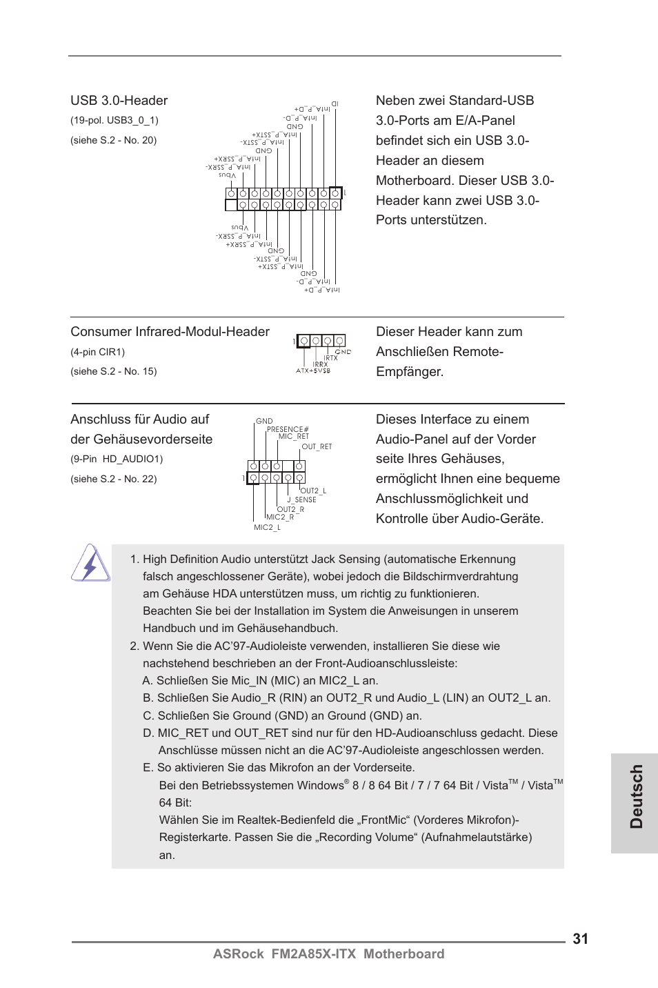 Deutsch, Asrock fm2a85x-itx motherboard, Seite ihres gehäuses | Anschließen remote, Empfänger, Usb 3.0-header neben zwei standard-usb, Ports am e/a-panel | ASRock FM2A85X-ITX User Manual | Page 31 / 154