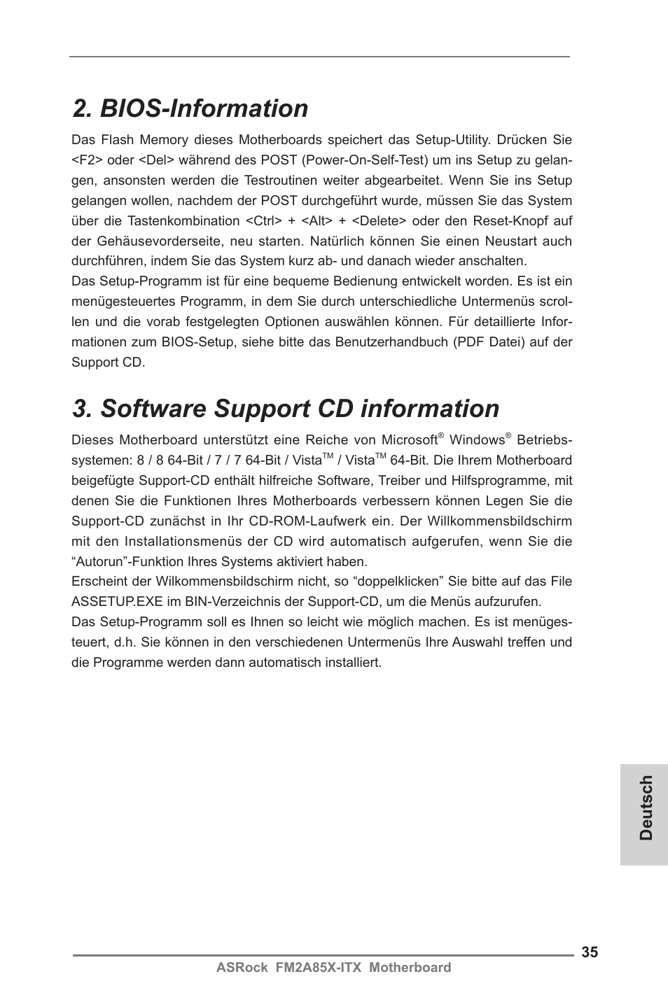 Bios-information, Software support cd information, Deutsch | ASRock FM2A85X-ITX User Manual | Page 35 / 154