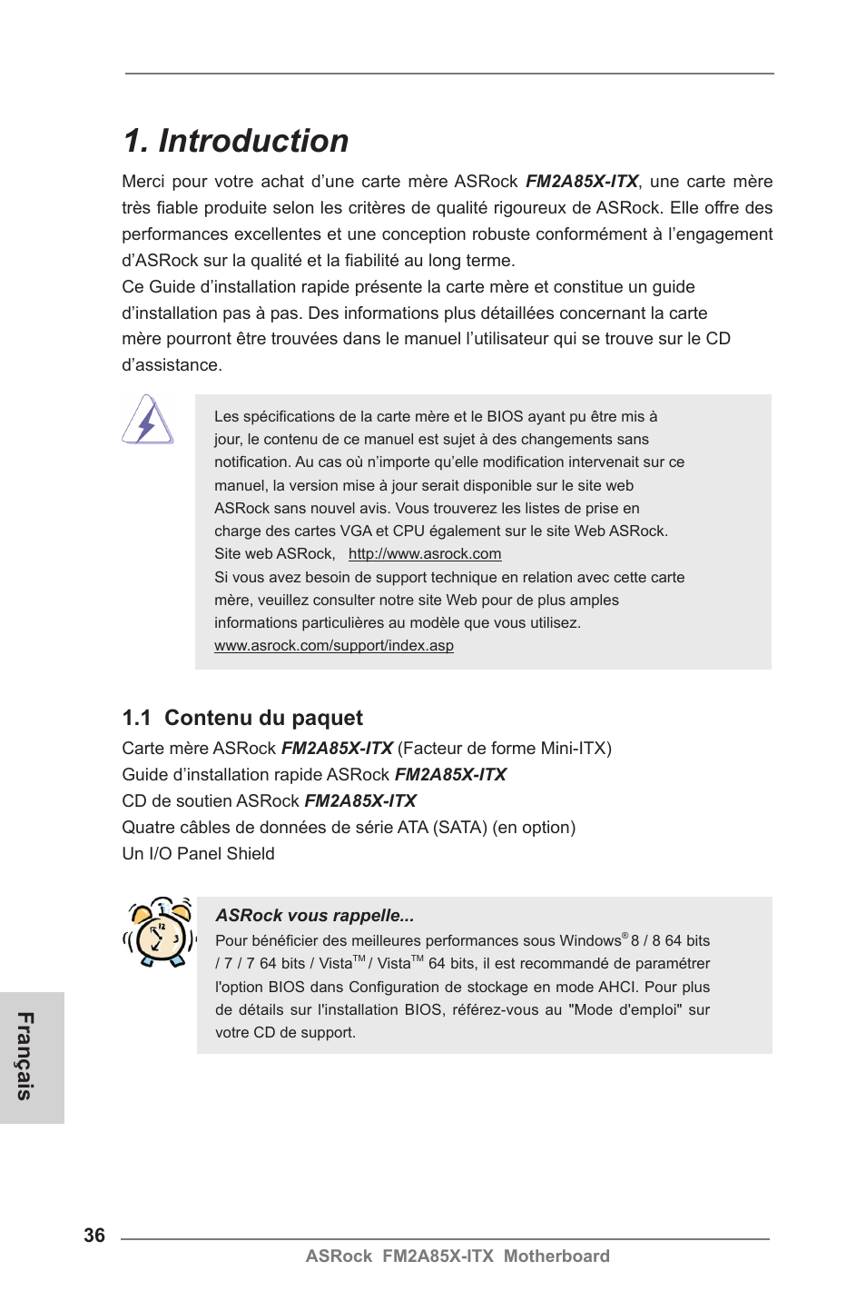 French, Introduction, 1 contenu du paquet | Français | ASRock FM2A85X-ITX User Manual | Page 36 / 154