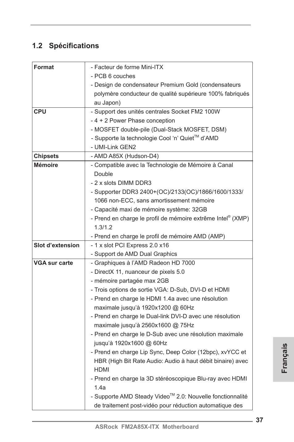 Français 1.2 spécifications | ASRock FM2A85X-ITX User Manual | Page 37 / 154