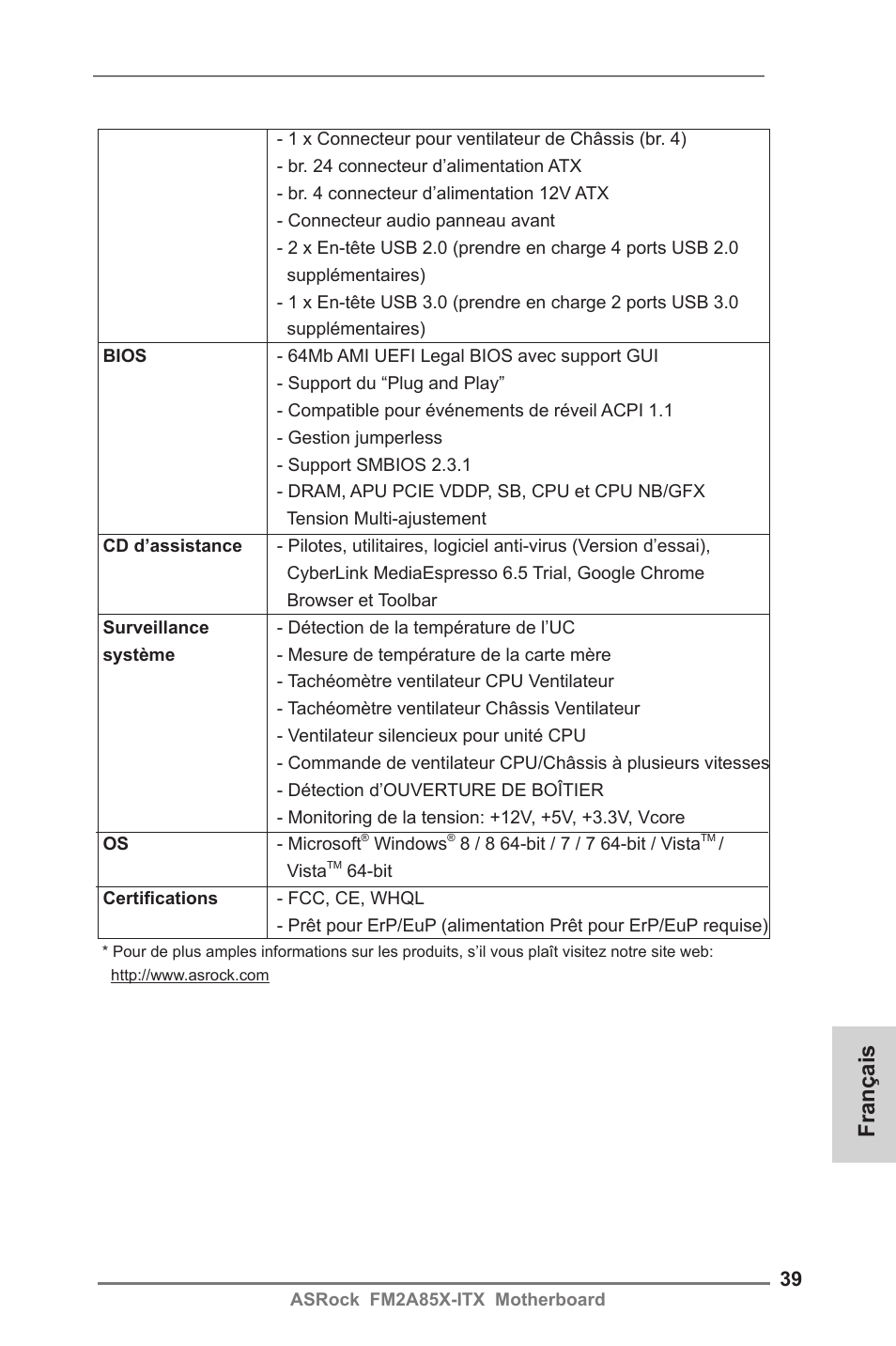 Français | ASRock FM2A85X-ITX User Manual | Page 39 / 154