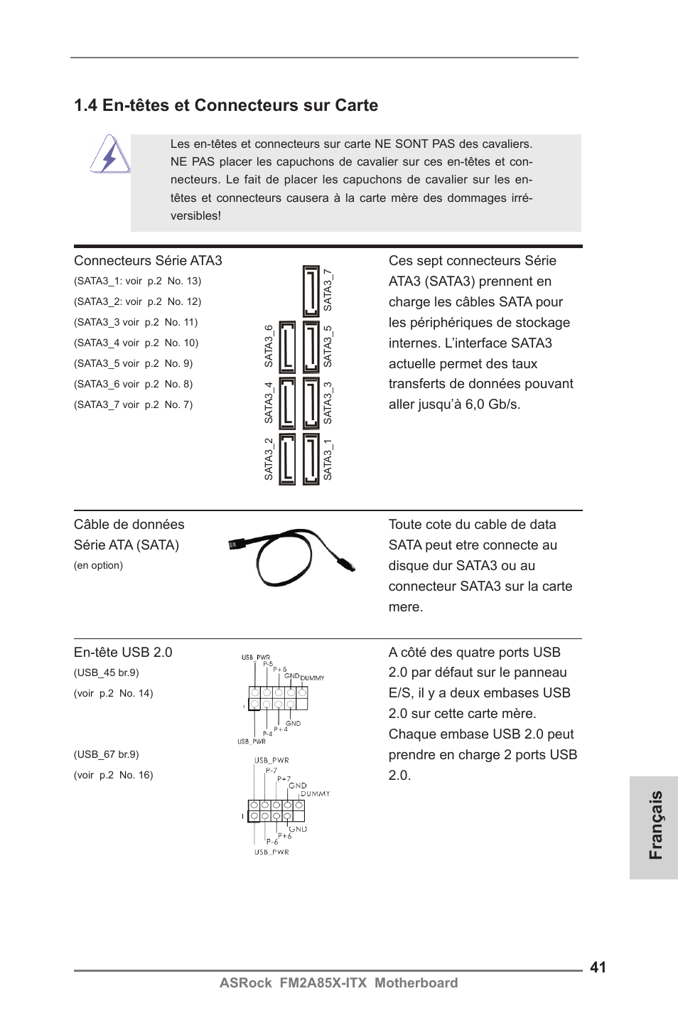 Français, 4 en-têtes et connecteurs sur carte | ASRock FM2A85X-ITX User Manual | Page 41 / 154