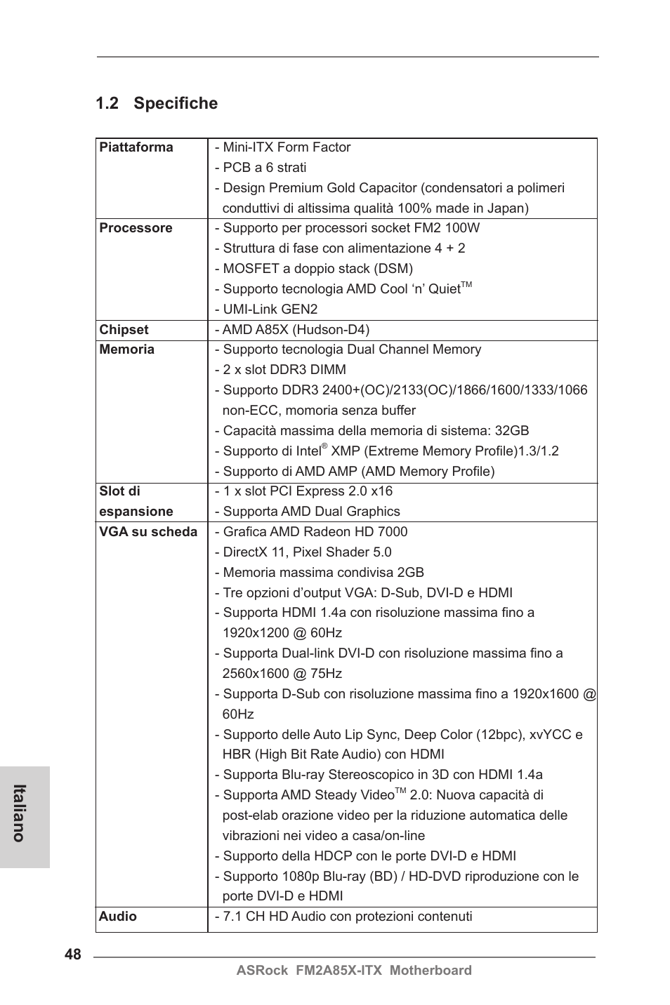 Italiano 1.2 specifiche | ASRock FM2A85X-ITX User Manual | Page 48 / 154