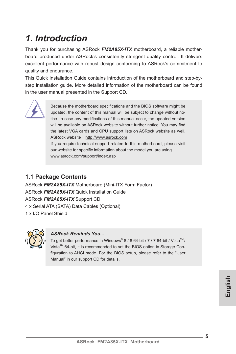 Introduction, English, 1 package contents | ASRock FM2A85X-ITX User Manual | Page 5 / 154