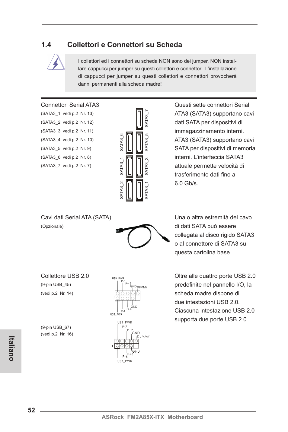 Italiano, 4 collettori e connettori su scheda | ASRock FM2A85X-ITX User Manual | Page 52 / 154