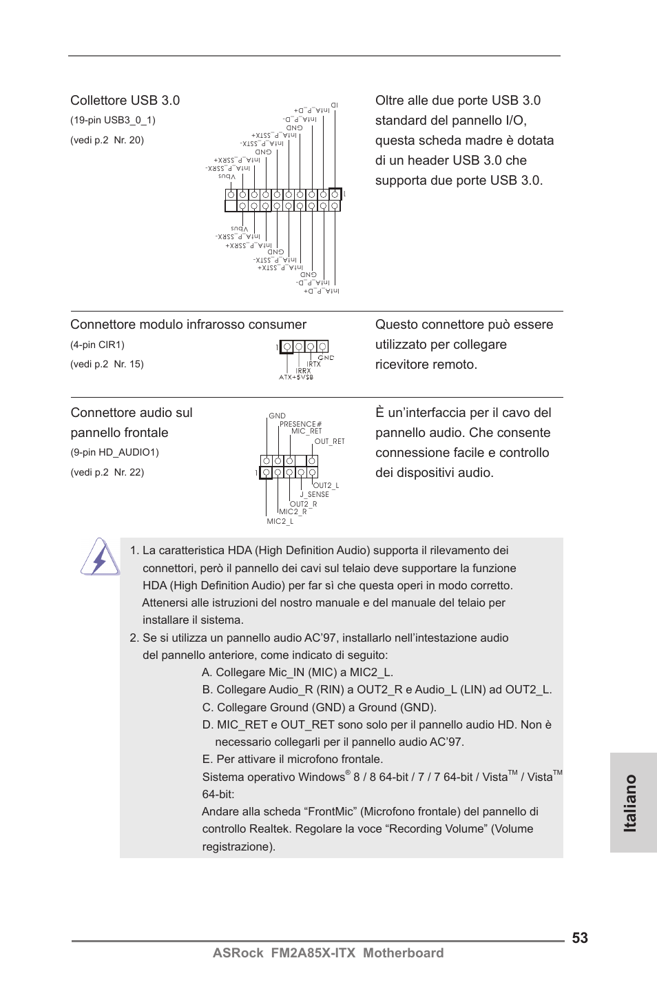 Italiano, Asrock fm2a85x-itx motherboard, Connessione facile e controllo | Dei dispositivi audio, Utilizzato per collegare, Standard del pannello i/o | ASRock FM2A85X-ITX User Manual | Page 53 / 154