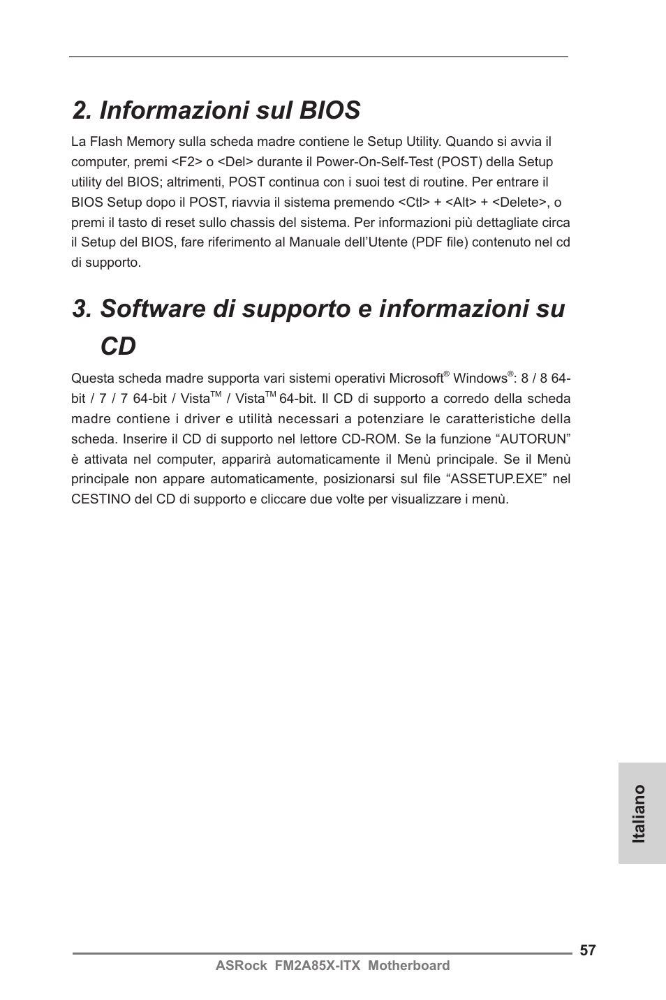 Informazioni sul bios, Software di supporto e informazioni su cd, Italiano | ASRock FM2A85X-ITX User Manual | Page 57 / 154