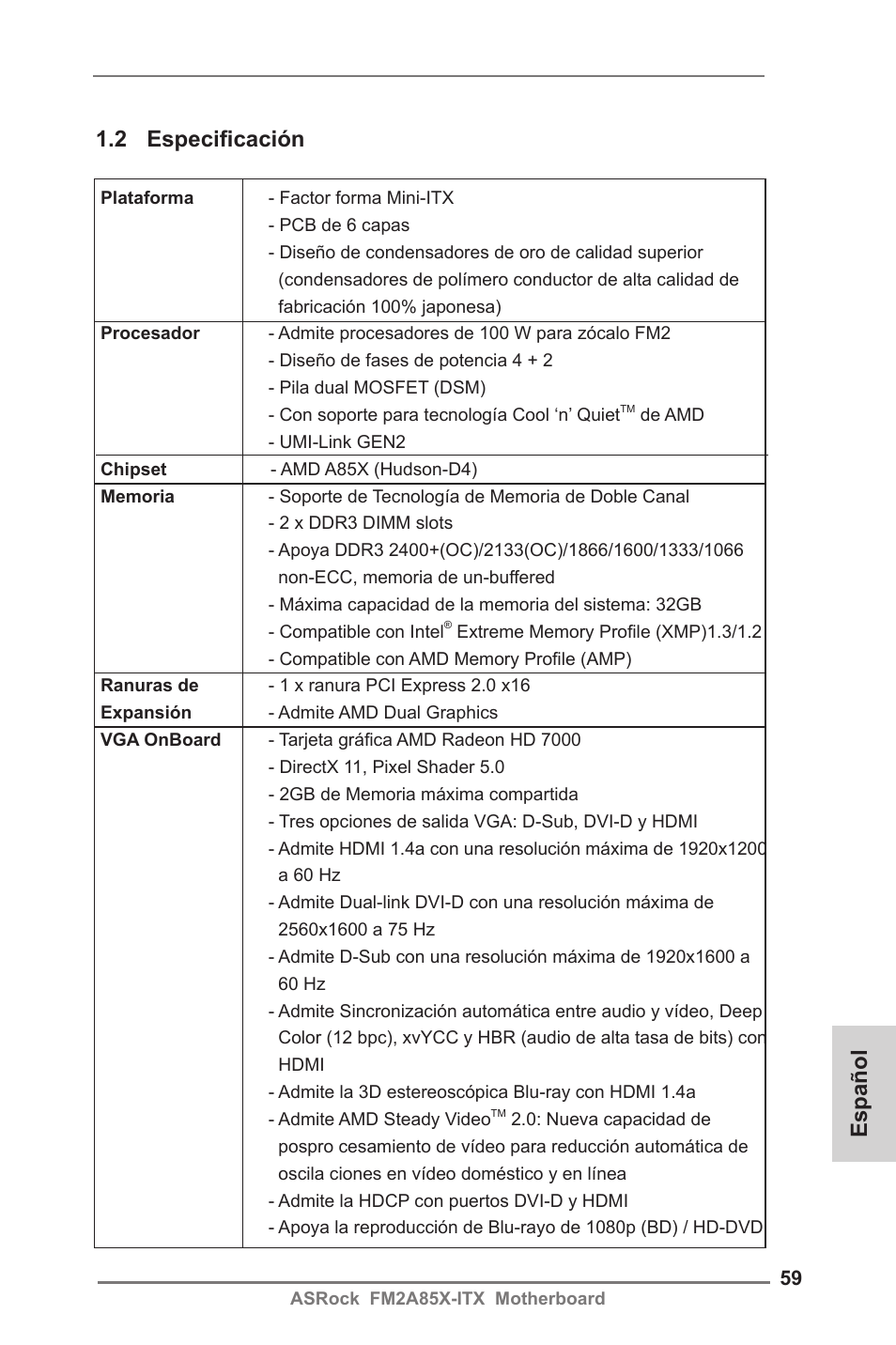 Español 1.2 especificación | ASRock FM2A85X-ITX User Manual | Page 59 / 154