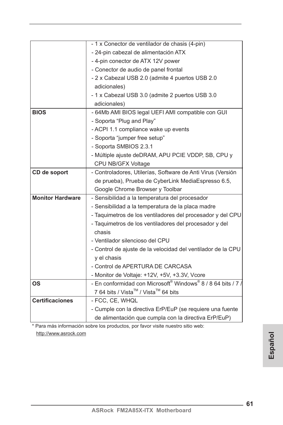 Español | ASRock FM2A85X-ITX User Manual | Page 61 / 154