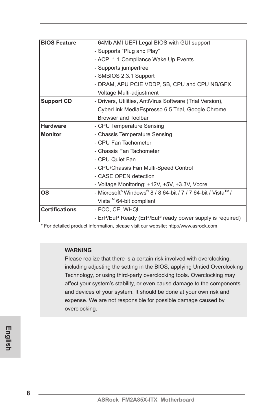 English | ASRock FM2A85X-ITX User Manual | Page 8 / 154
