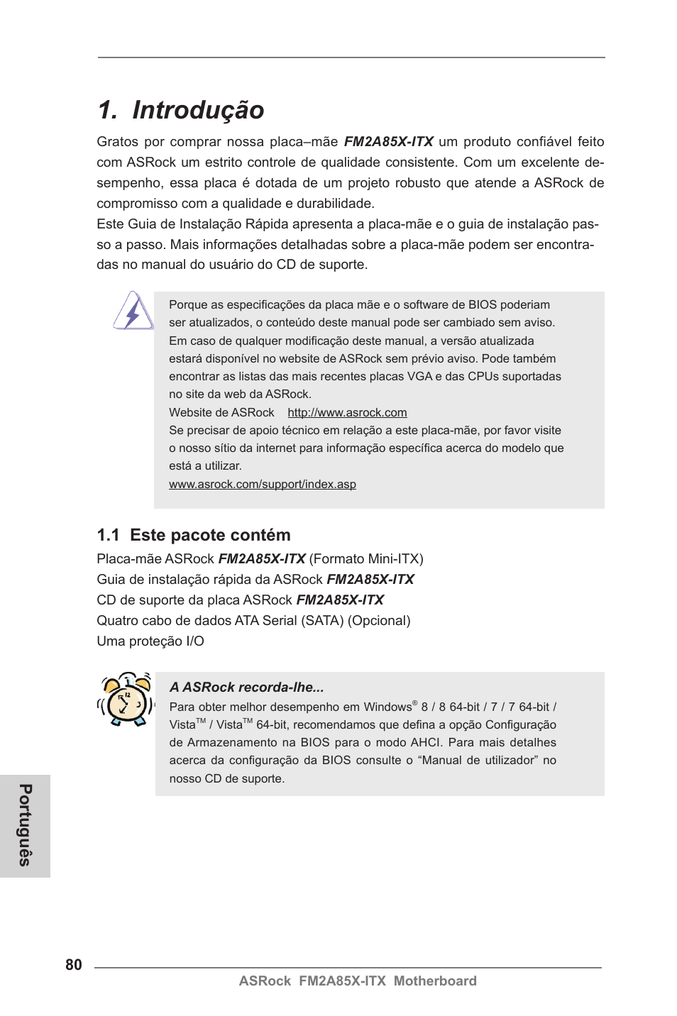 Portuguese, Introdução, 1 este pacote contém | Português | ASRock FM2A85X-ITX User Manual | Page 80 / 154