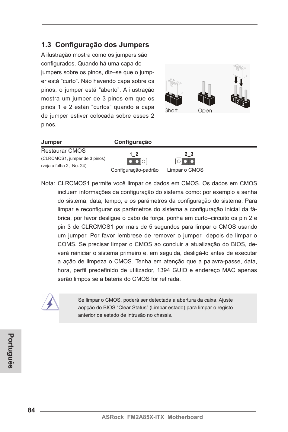 Português 1.3 configuração dos jumpers | ASRock FM2A85X-ITX User Manual | Page 84 / 154