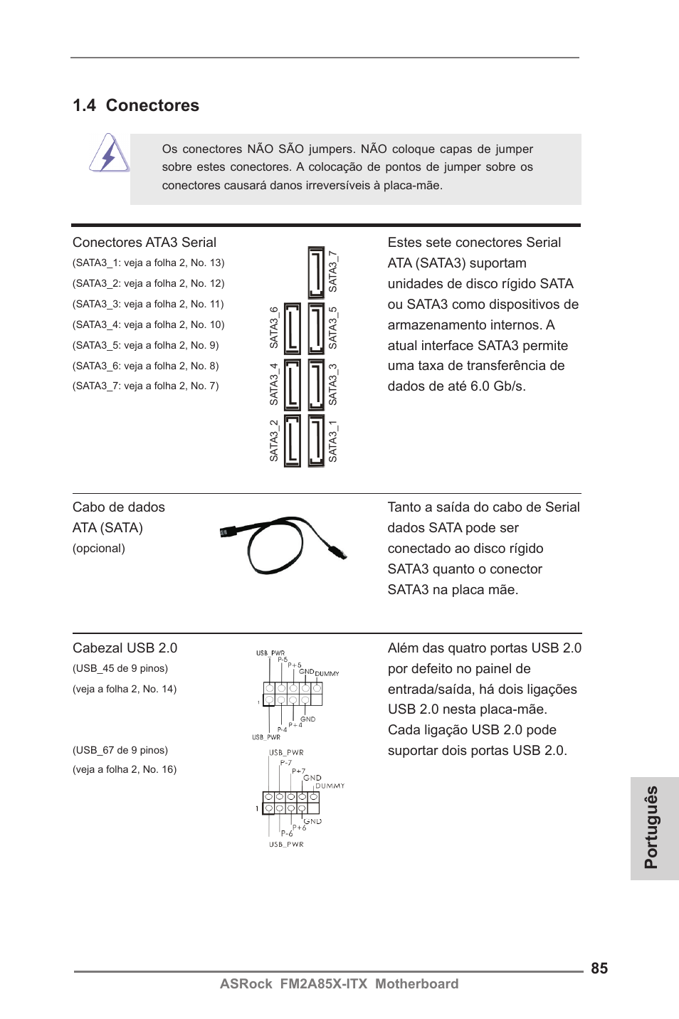 Português, 4 conectores | ASRock FM2A85X-ITX User Manual | Page 85 / 154