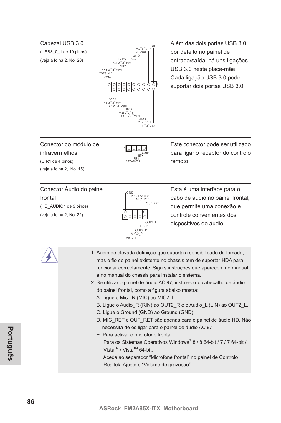 Português, Asrock fm2a85x-itx motherboard, Cabezal usb 3.0 além das dois portas usb 3.0 | Por defeito no painel de, Remoto, Que permite uma conexão e, Controle convenientes dos dispositivos de áudio | ASRock FM2A85X-ITX User Manual | Page 86 / 154