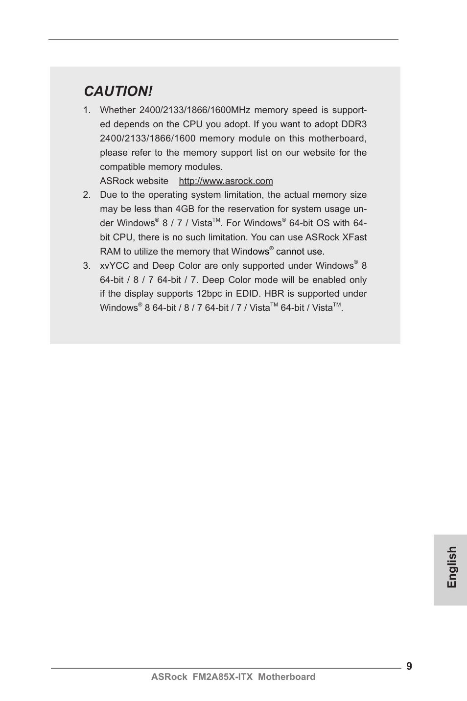 Caution, English | ASRock FM2A85X-ITX User Manual | Page 9 / 154