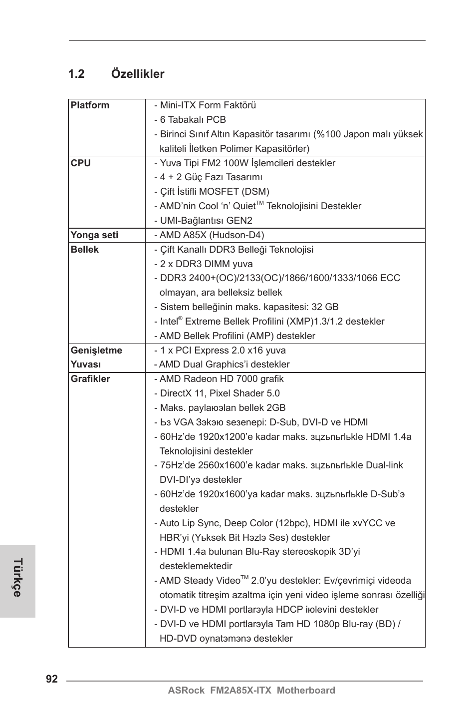 Türkçe 1.2 özellikler | ASRock FM2A85X-ITX User Manual | Page 92 / 154