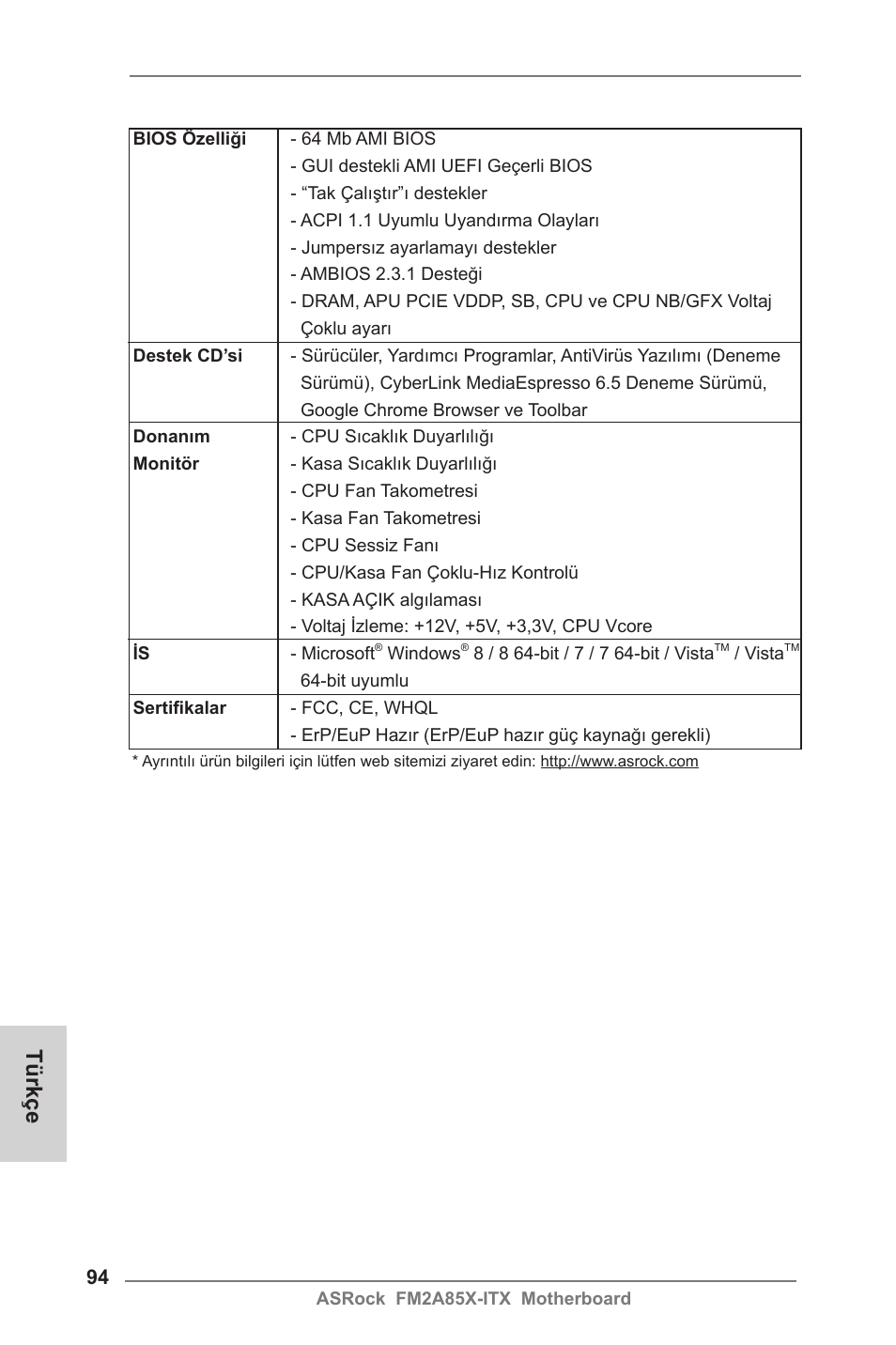 Türkçe | ASRock FM2A85X-ITX User Manual | Page 94 / 154