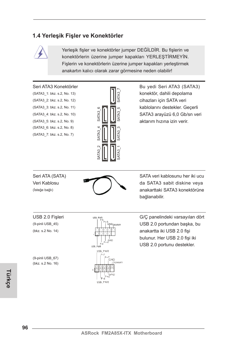 Türkçe, 4 yerleşik fişler ve konektörler | ASRock FM2A85X-ITX User Manual | Page 96 / 154