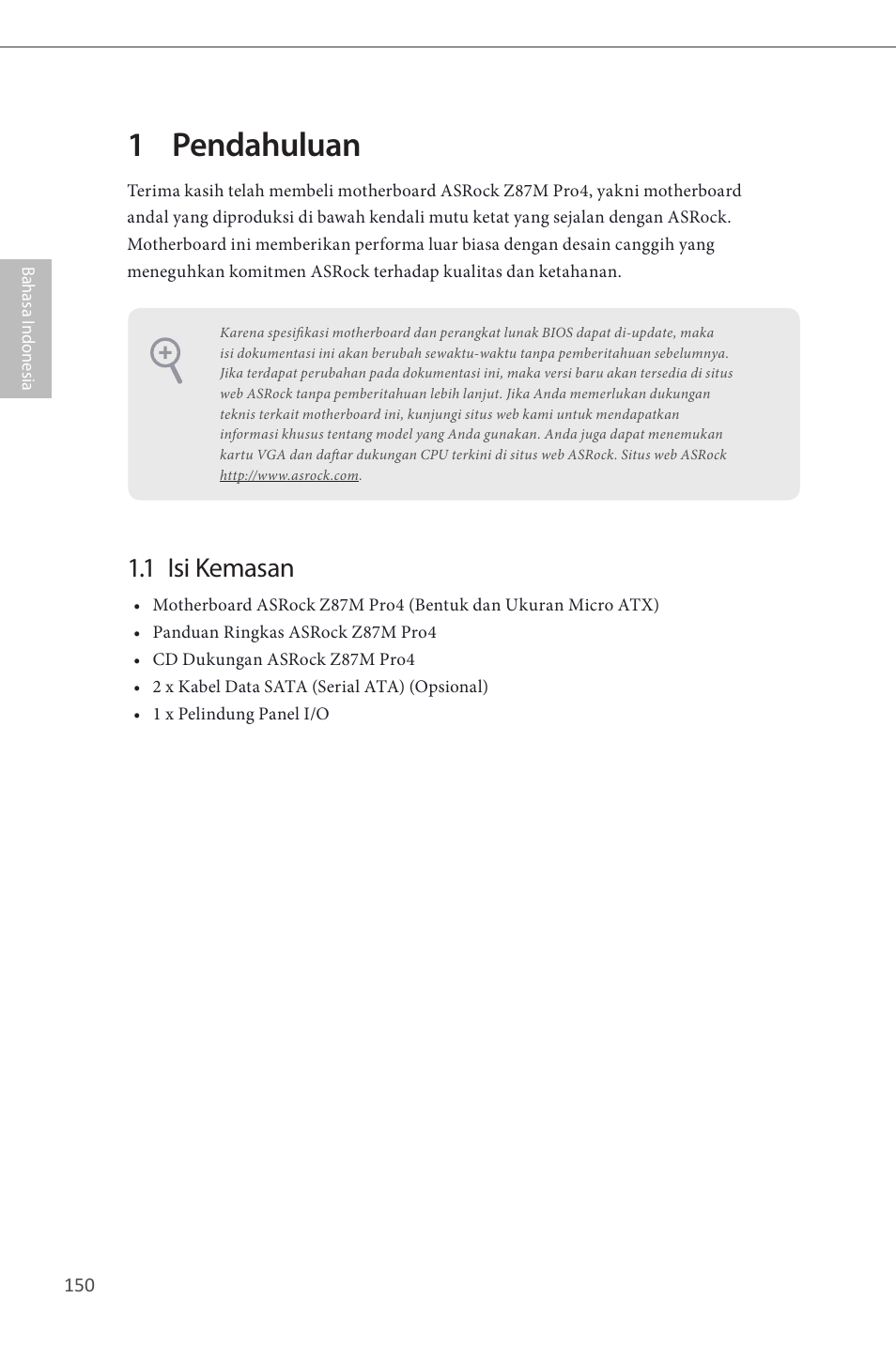 Indonesian, 1 pendahuluan, 1 isi kemasan | ASRock Z87M Pro4 User Manual | Page 152 / 163
