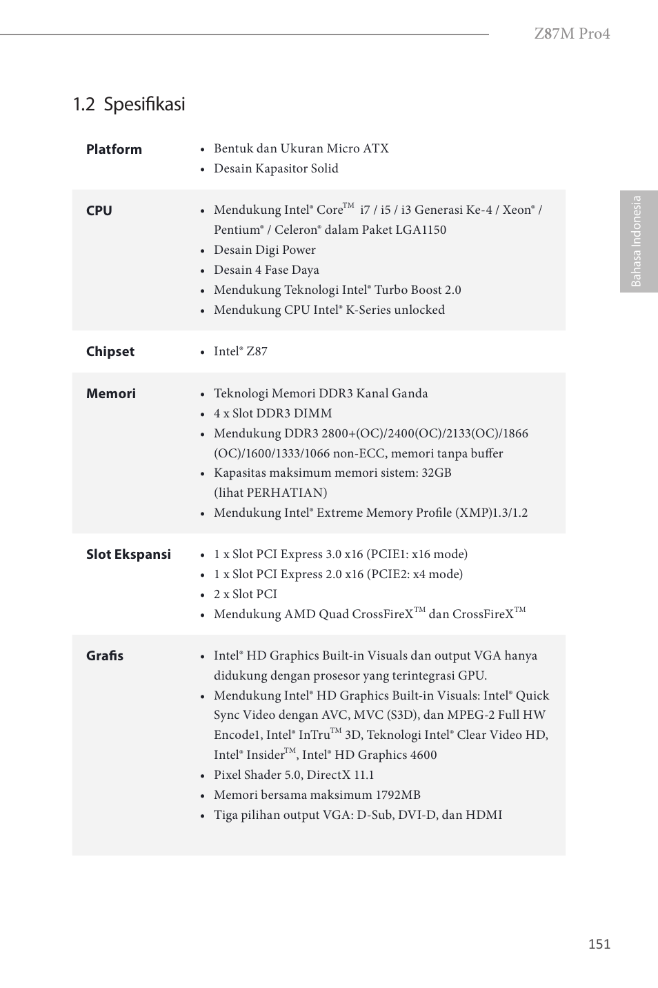 2 spesifikasi, Z 8 7m pro4 | ASRock Z87M Pro4 User Manual | Page 153 / 163