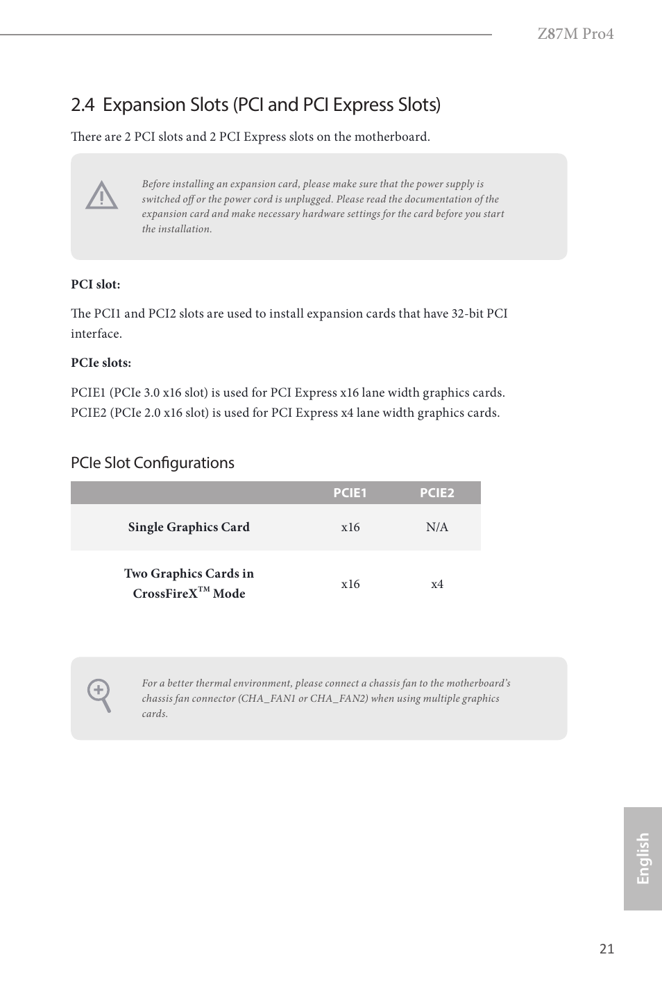 4 expansion slots (pci and pci express slots), Z 8 7m pro4, English | Pcie slot configurations | ASRock Z87M Pro4 User Manual | Page 23 / 163