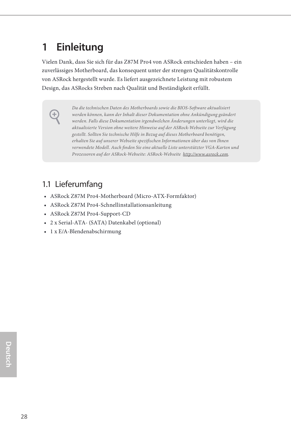 German, 1 einleitung, 1 lieferumfang | ASRock Z87M Pro4 User Manual | Page 30 / 163