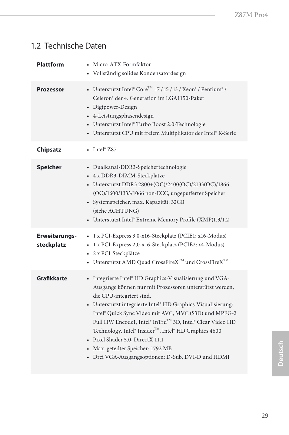 2 technische daten, Z 8 7m pro4, Deutsch | ASRock Z87M Pro4 User Manual | Page 31 / 163
