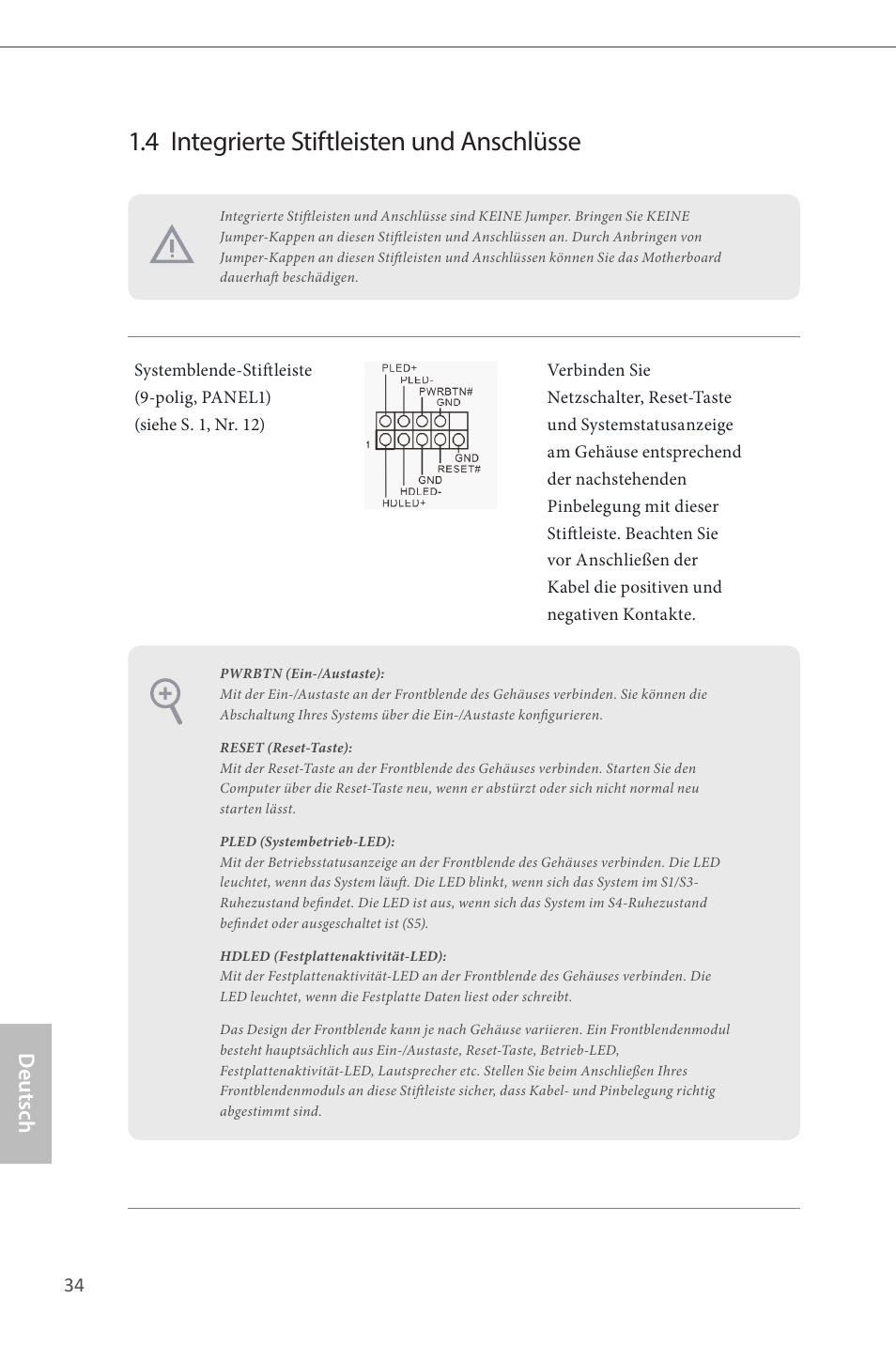 4 integrierte stiftleisten und anschlüsse, Deutsch | ASRock Z87M Pro4 User Manual | Page 36 / 163