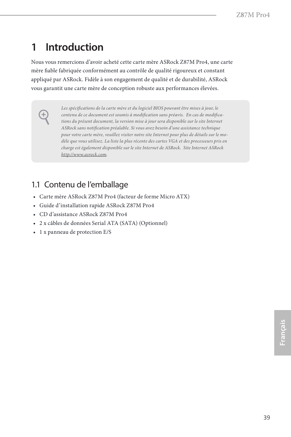 French, 1 introduction, 1 contenu de l’emballage | ASRock Z87M Pro4 User Manual | Page 41 / 163