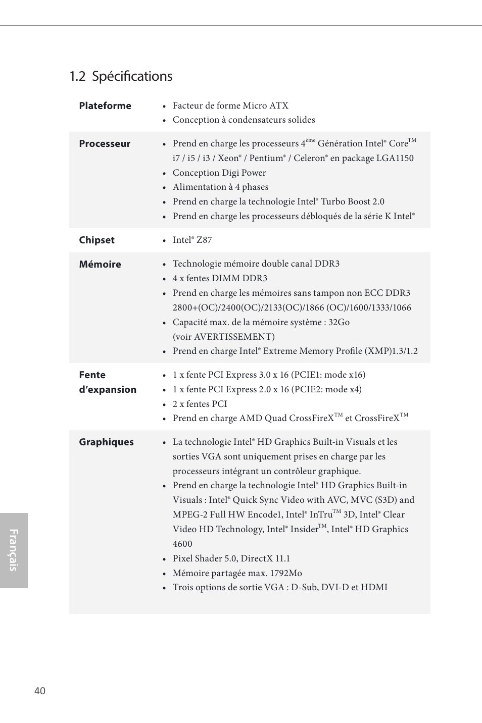 2 spécifications, Français | ASRock Z87M Pro4 User Manual | Page 42 / 163