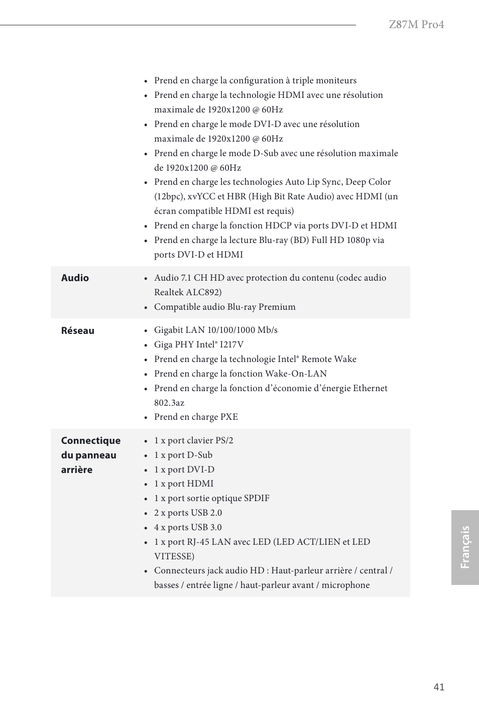 Z 8 7m pro4, Fr ançais | ASRock Z87M Pro4 User Manual | Page 43 / 163