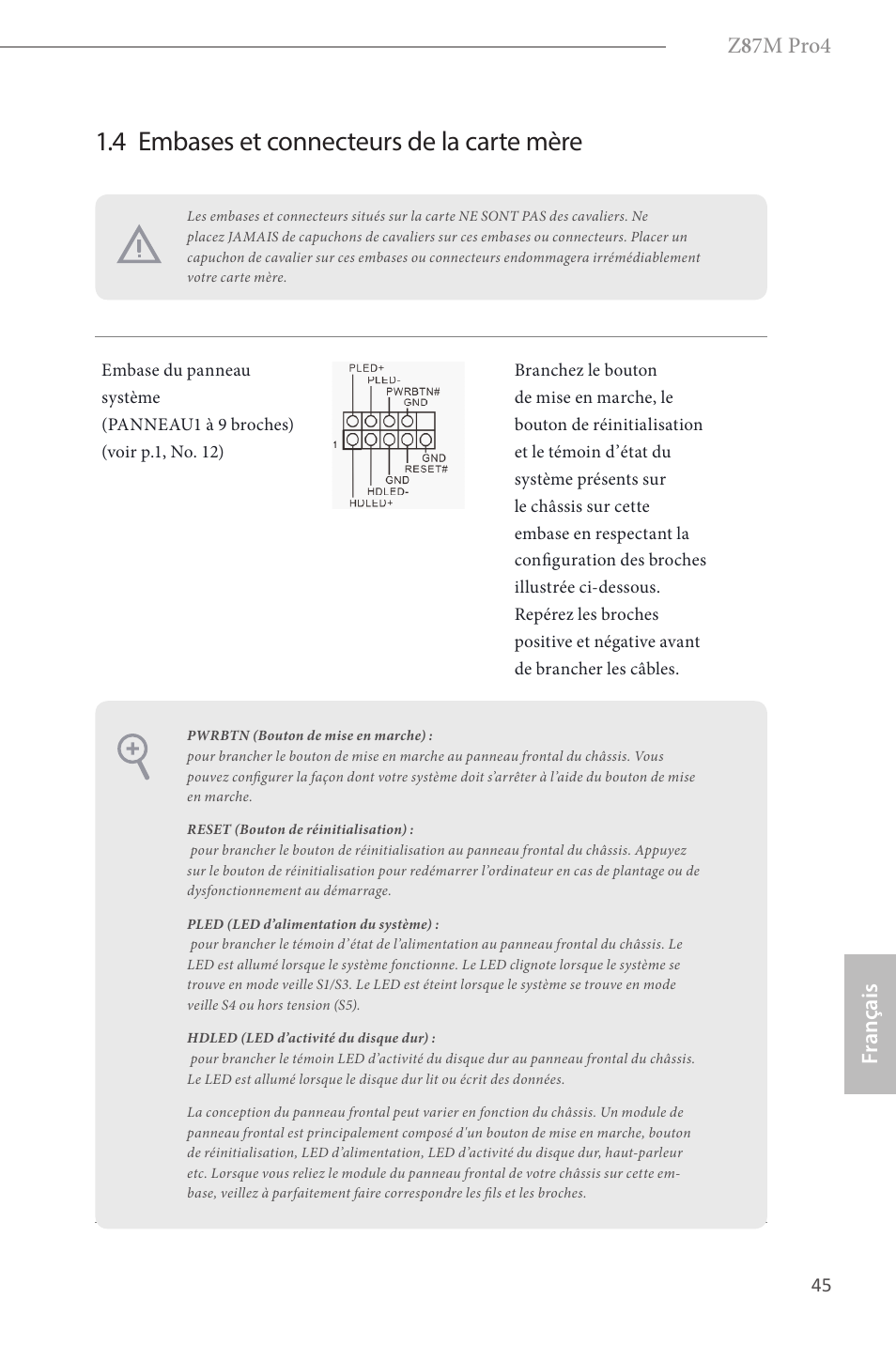 4 embases et connecteurs de la carte mère, Z 8 7m pro4, Fr ançais | ASRock Z87M Pro4 User Manual | Page 47 / 163