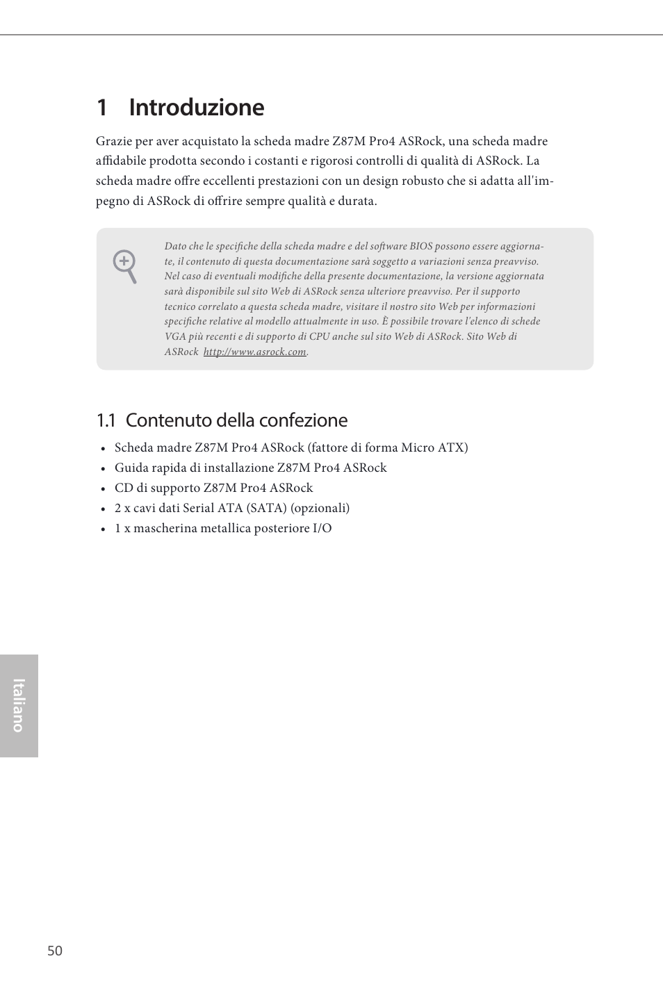 Italian, 1 introduzione, 1 contenuto della confezione | ASRock Z87M Pro4 User Manual | Page 52 / 163