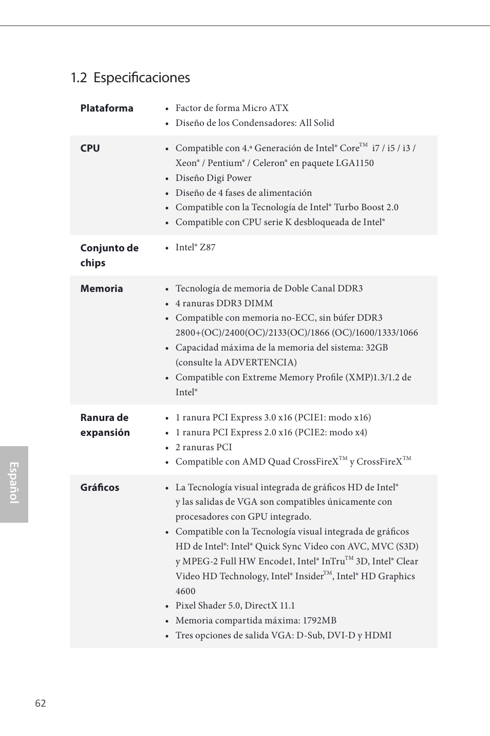 2 especificaciones, Español | ASRock Z87M Pro4 User Manual | Page 64 / 163