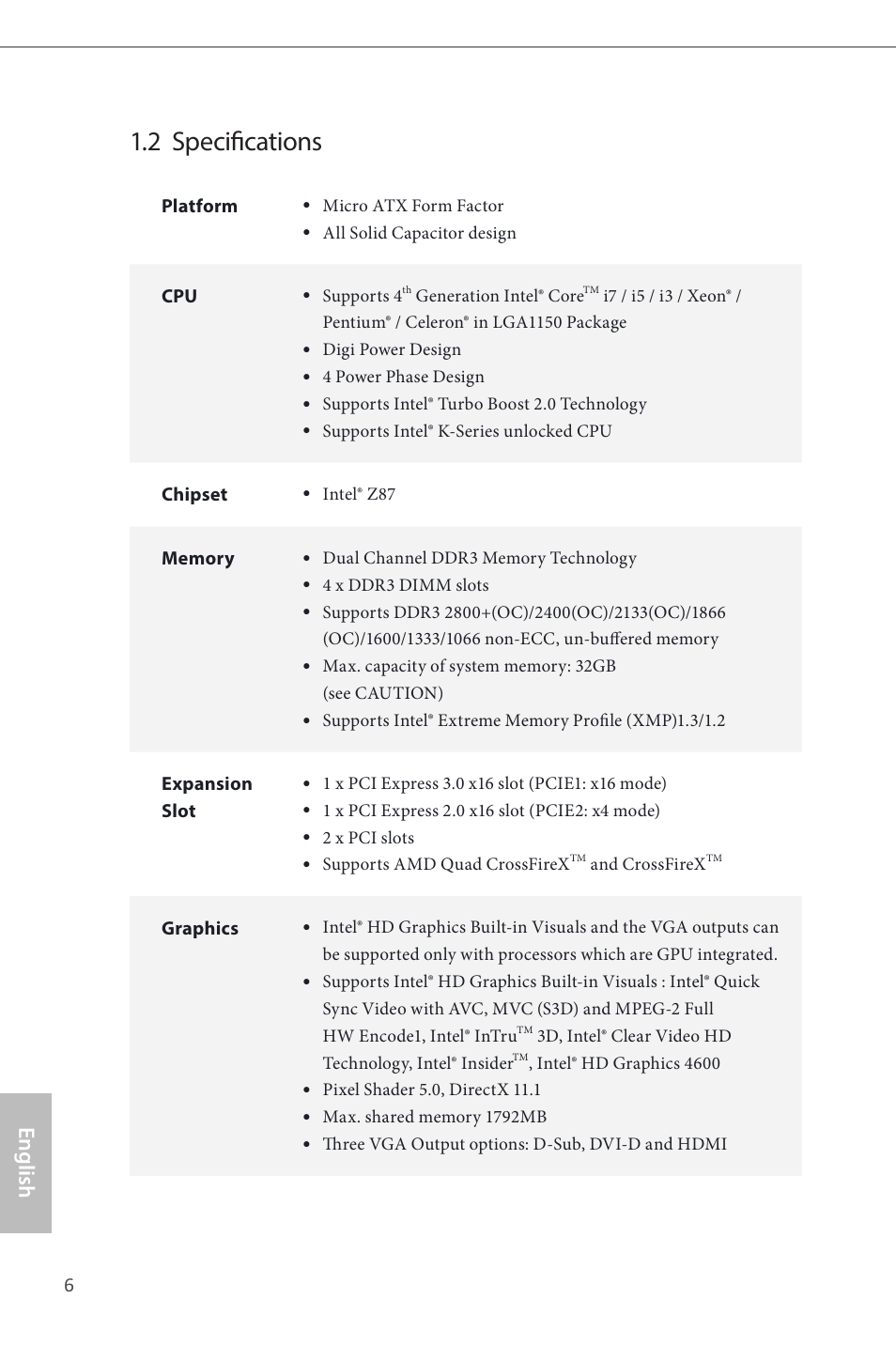 2 specifications, English | ASRock Z87M Pro4 User Manual | Page 8 / 163