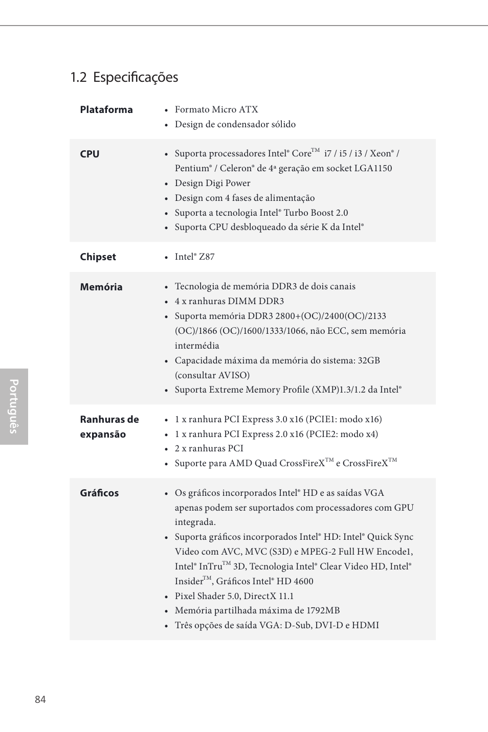 2 especificações, Por tuguês | ASRock Z87M Pro4 User Manual | Page 86 / 163