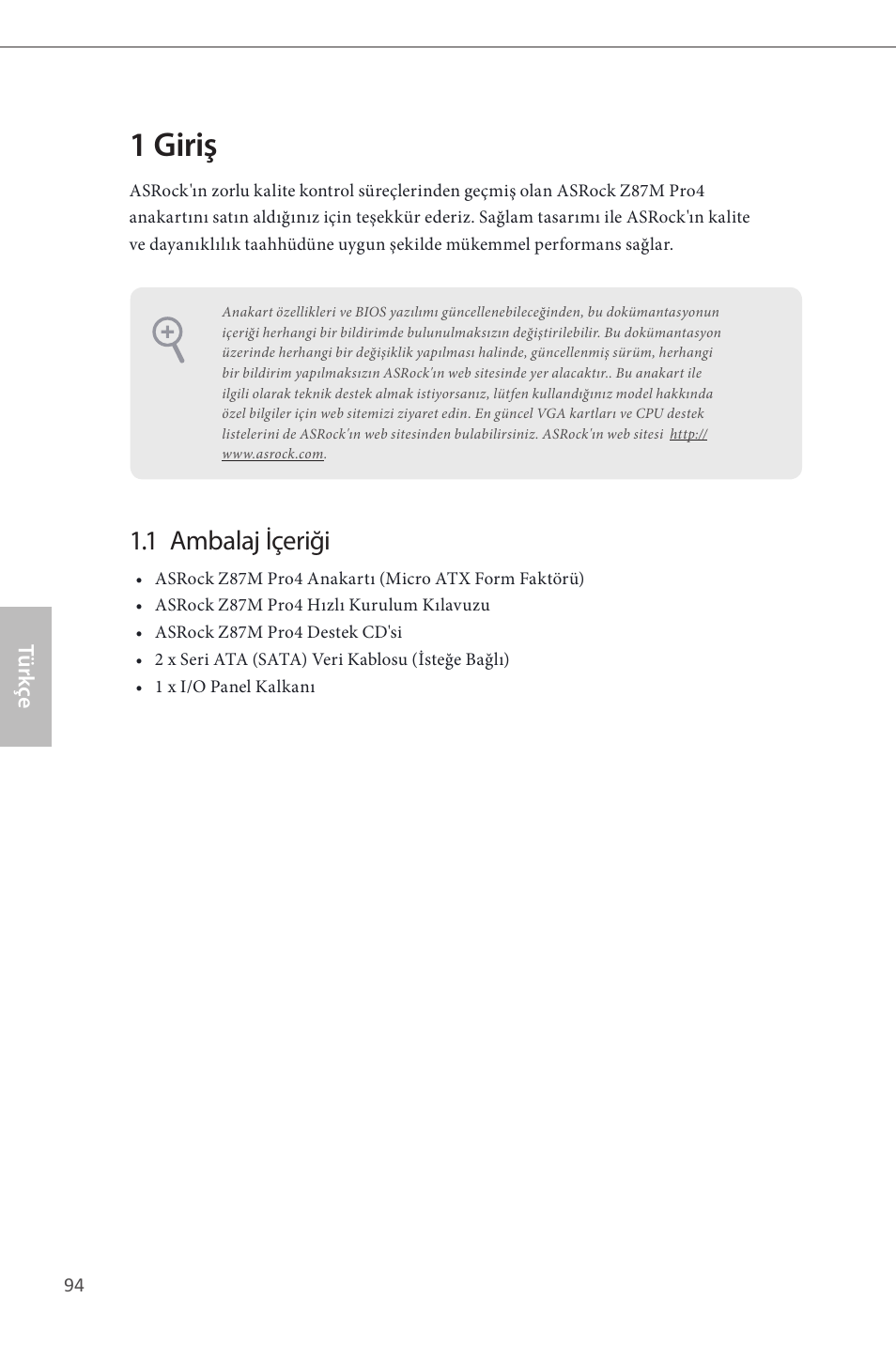 Turkish, 1 giriş, 1 ambalaj içeriği | ASRock Z87M Pro4 User Manual | Page 96 / 163