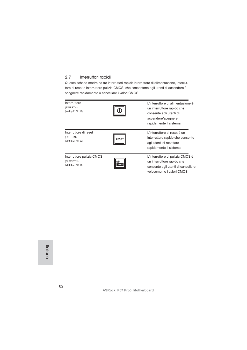 7 interruttori rapidi, Italiano | ASRock P67 Pro3 User Manual | Page 102 / 266
