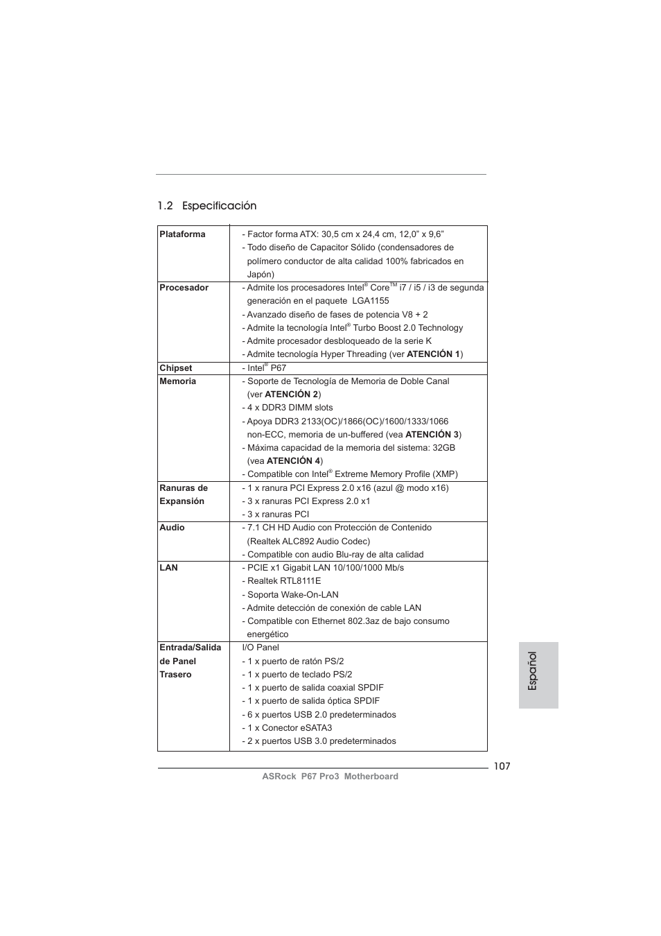 2 especificación, Español | ASRock P67 Pro3 User Manual | Page 107 / 266