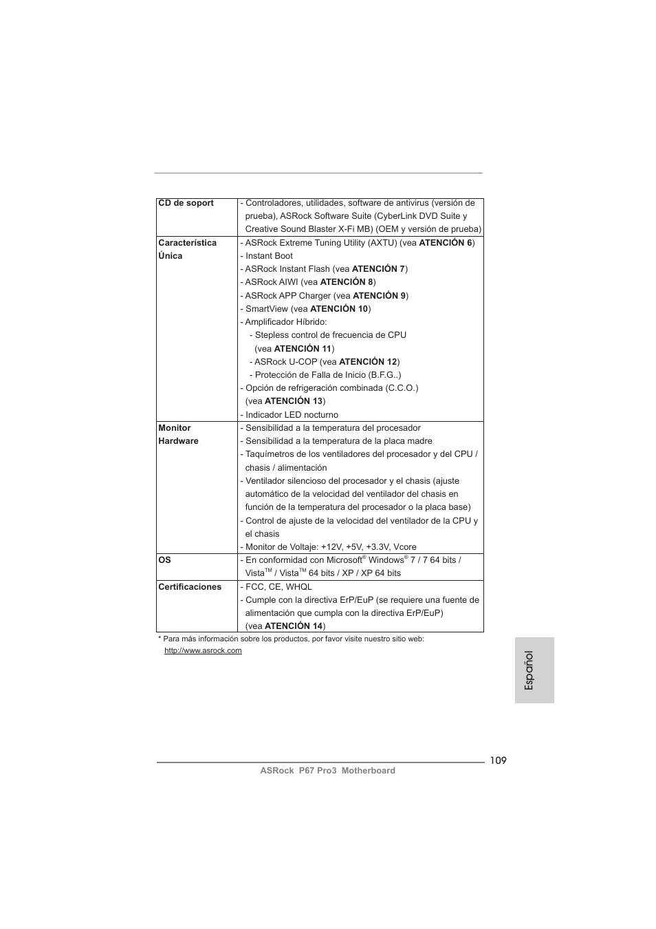 Español | ASRock P67 Pro3 User Manual | Page 109 / 266